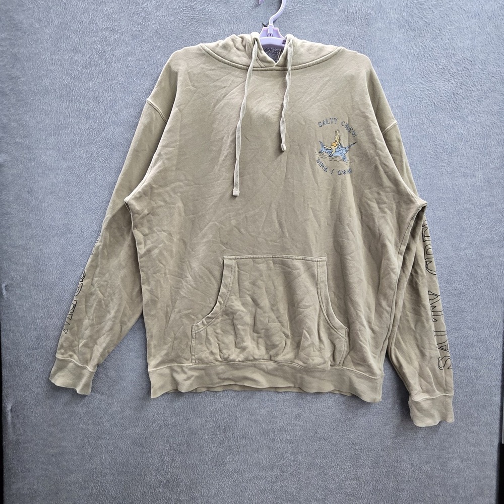 Salty Crew Men Hoodie LARGE Tan Graphic Girl Fish Fleece Pullover